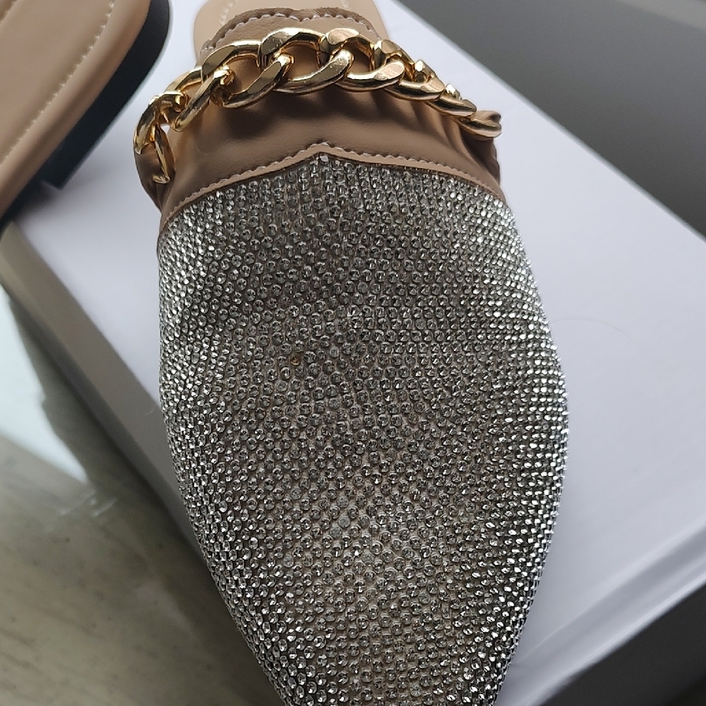 Rhinestone Pointed Toe Slip-On Mules in Beige - Picture 3 of 6